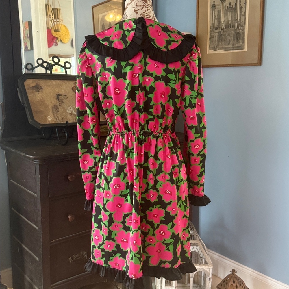 Asos Twisted Wunder Pink & Black Floral Print Bib Collar Long Sleeve Dress - Picture 6 of 15